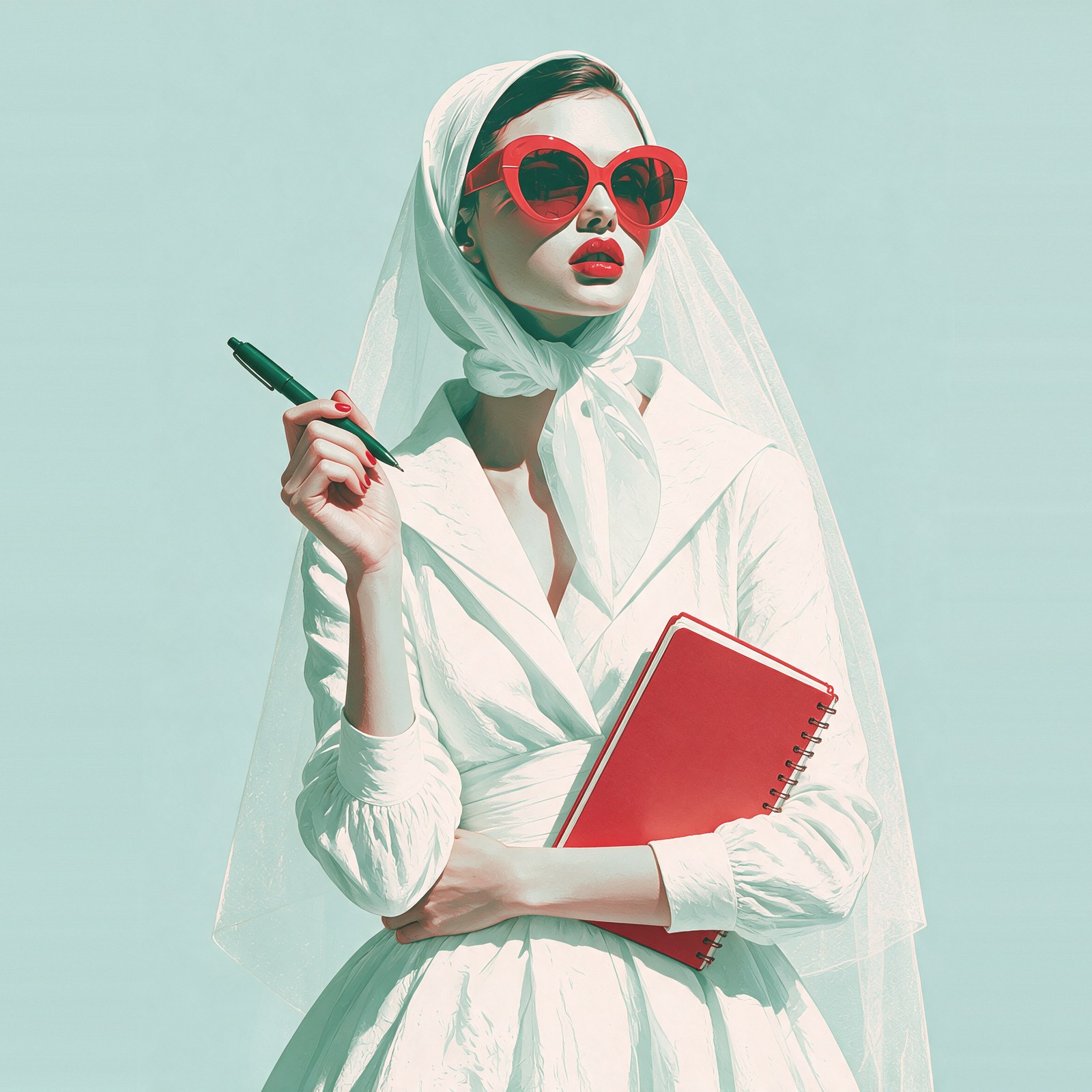 A bride in a veil and red sunglasses holding a planning binder and pen